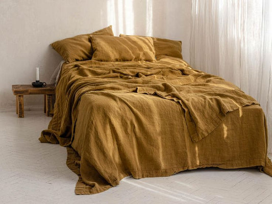 Mustard 100% Linen 3 piece bedding King size Duvet cover set with 20x36'' shams /pillow covers